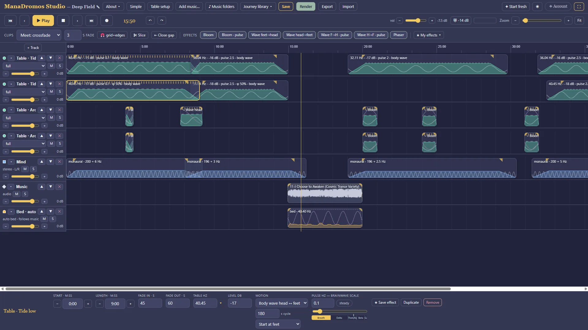 ManaDromos Studio timeline showing the Deep Field journey: table frequency tracks with traveling body waves, bloom clips, a mind track, a music track, and an automatic bed track