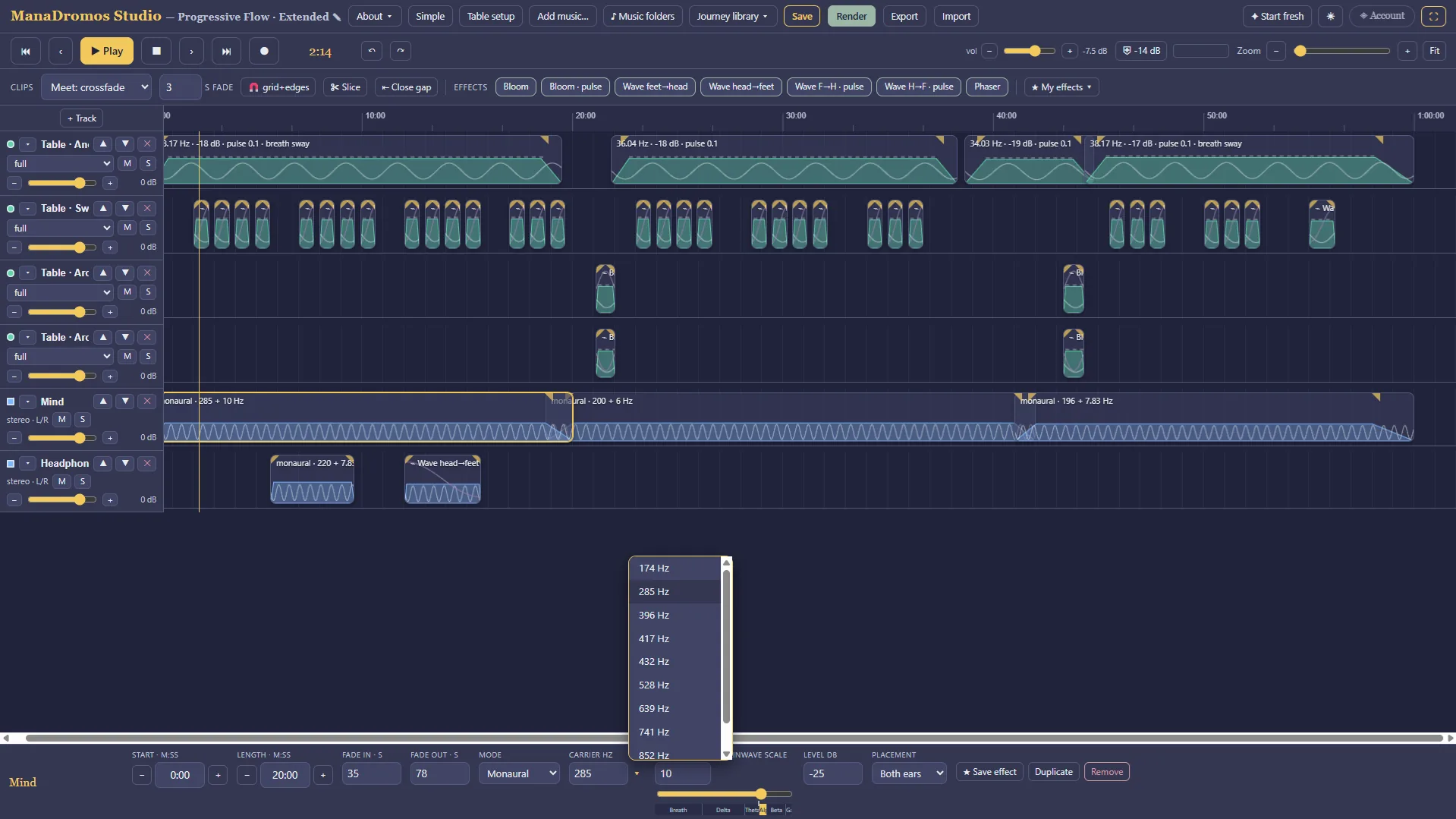 ManaDromos Studio showing a headphone mind track inspector with the carrier frequency menu open, listing solfeggio frequencies from 174 to 852 Hz